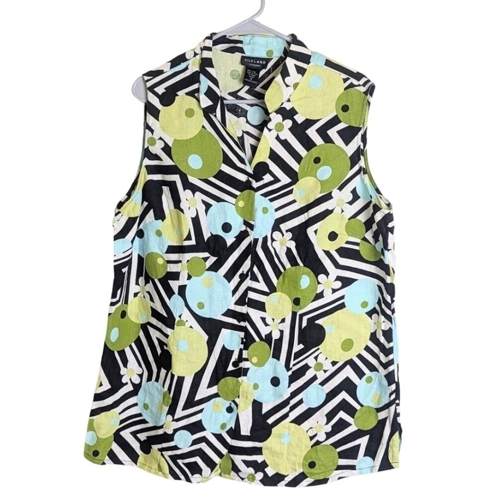Abstract Linen Sleeveless  Button Down Tunic/Top Women's …